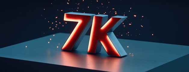 Celebratory 3D rendering of glowing red 7K text with sparks and a gleaming metal 4 against a dark, reflective background