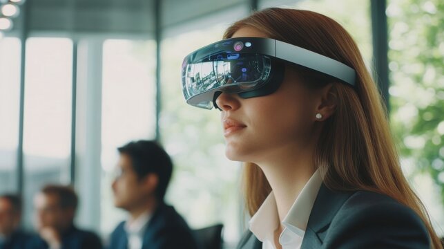 A woman in a business suit using augmented reality glasses during a meeting - Powered by Adobe