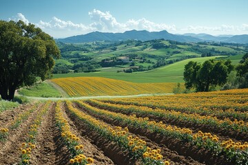 Rolling Hills with Blooming Fields