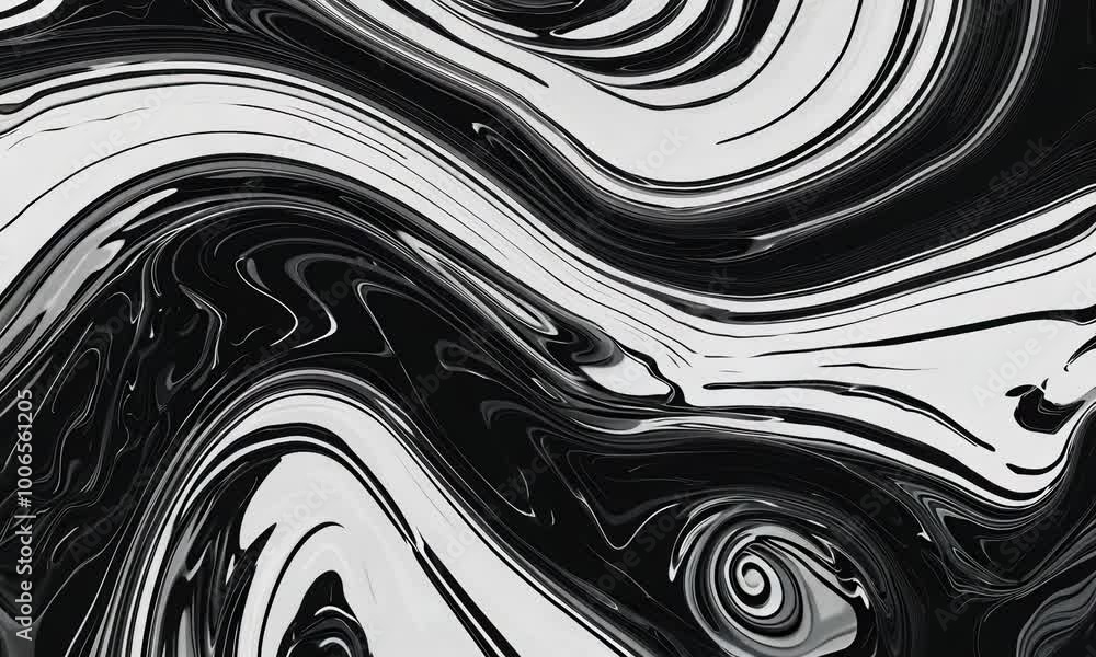 Poster abstract black and white liquid swirls, creating a dynamic and mesmerizing pattern.