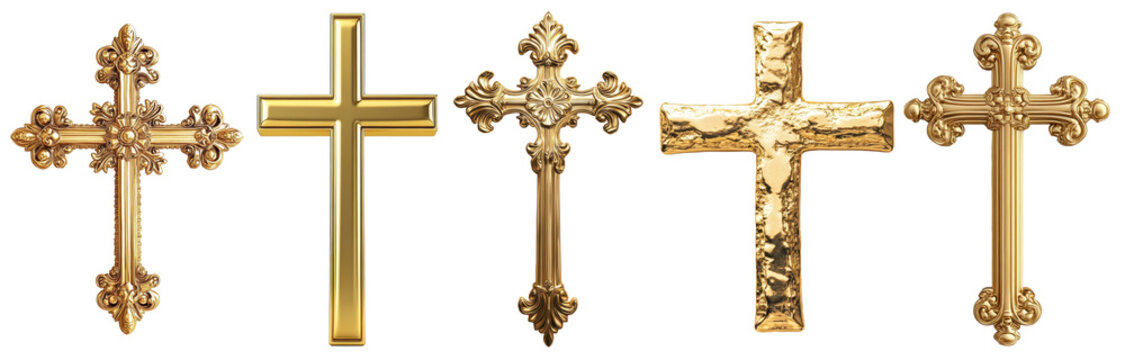 gold cross pendants isolated on transparent background
