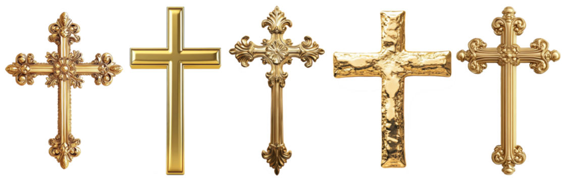 gold cross pendants isolated on transparent background