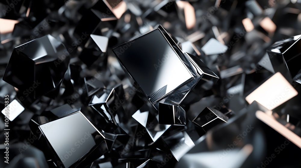 Poster black and silver geometric shapes cluster. abstract elegant background.