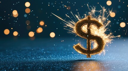 Naklejka premium A fiery dollar sign ignites the darkness with sparks and golden glow, symbolizing wealth and opportunity in a dynamic display