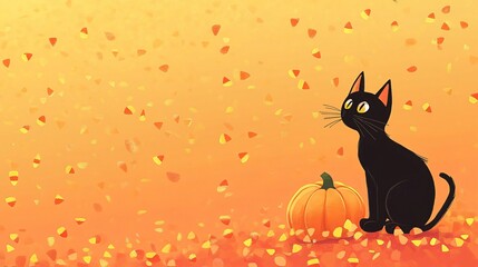 Black cat with a pumpkin and candy corn on a orange background.