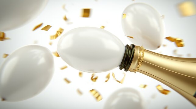 A champagne bottle bursts open, sending golden balloons and confetti into the air against a soft pink backdrop, perfect for celebrations