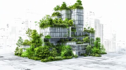 Concept image of an eco-friendly building with green plants on the roof, creating a lush urban environment.