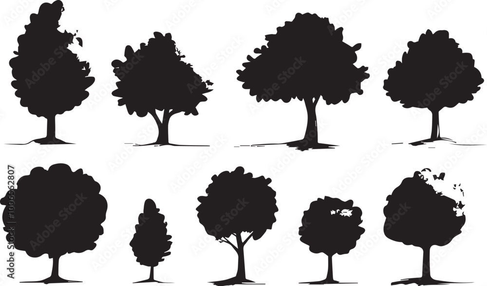 Wall mural silhouette tree set. side view, set of graphic trees elements outline symbol for architecture and la