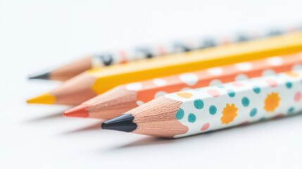 A delightful trio of pencils featuring colorful patterns and cute motifs, isolated on a bright white surface for a cheerful vibe