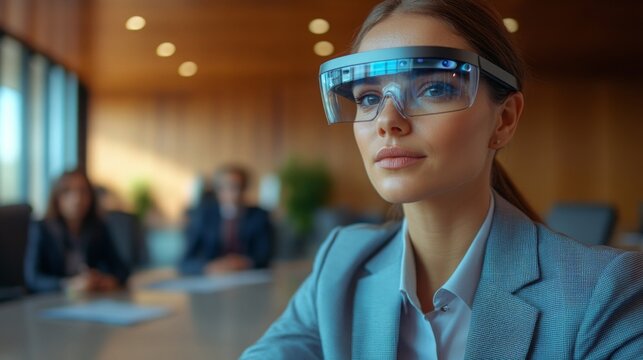 A woman in a business suit using augmented reality glasses during a meeting