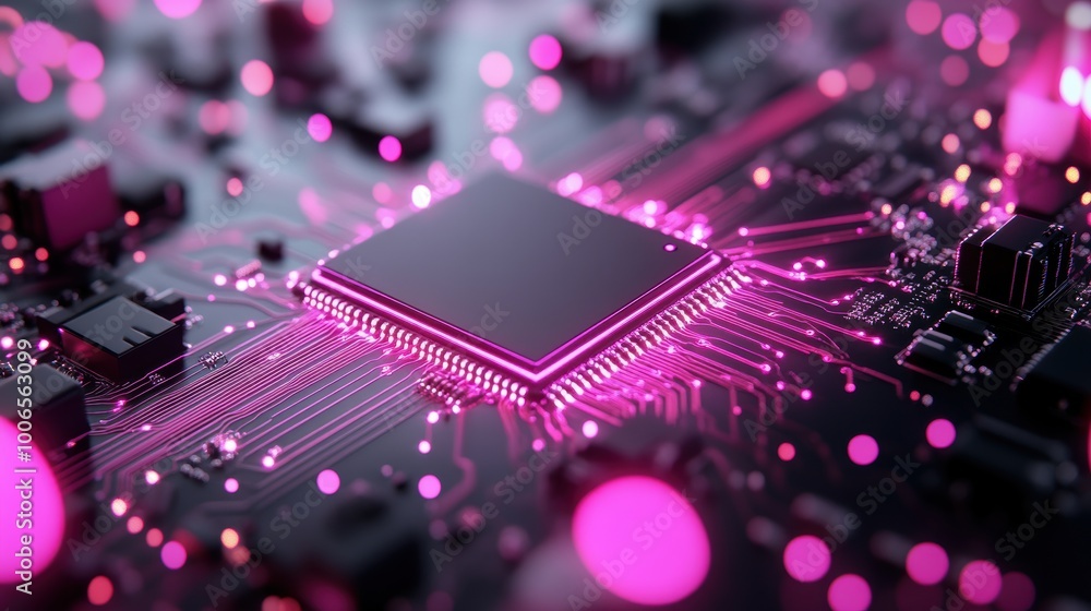 Poster a circuit board with glowing purple lines and components, symbolizing the complexity of technology.