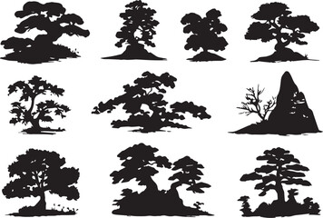 Silhouette tree set. Side view, set of graphic trees elements outline symbol for architecture and landscape design drawing. Hand drawn vector illustration