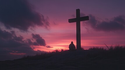 A cross standing tall against a sunset sky on Good Friday, with a lone believer kneeling in prayer, contemplating the sacrifice of Jesus.