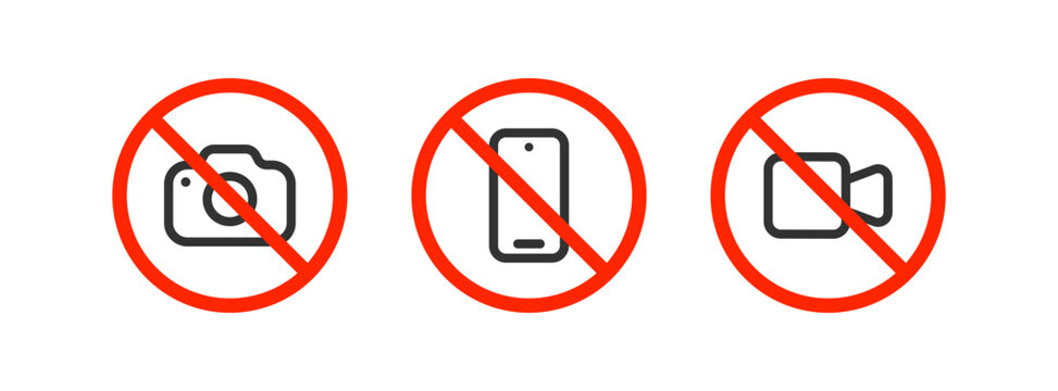 No take photo icon. Video camera forbidden. Phone prohibited.