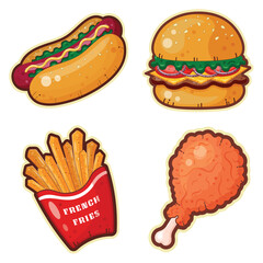 Stickers of streed food. Image of hot dog, burger, french fries and chicken. Vector illustration. 