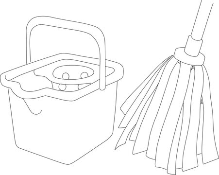 black and white mop and bucket clip art preview