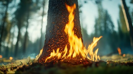 Close up shot of flames licking at the base of a towering pine tree, highlighting the intensity of the wildfire.