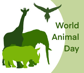Animal protection day. Green silhouettes of elephant, Bird, rhino, and giraffe.