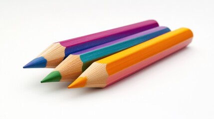 Fototapeta premium A vibrant arrangement of three uniquely designed pencils, each showcasing a different color scheme, isolated on a white surface