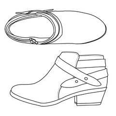Women's Hiking Style Boot shoes Line art, Technical sketch hand drawing outline vector doodle illustration side and top view isolated on white background