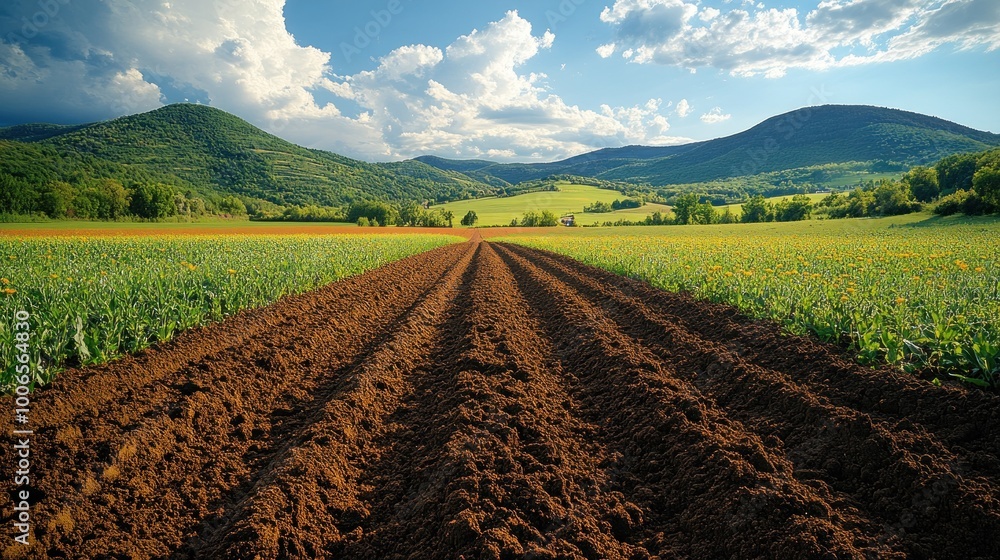 Canvas Prints Plowed Field with Mountain View