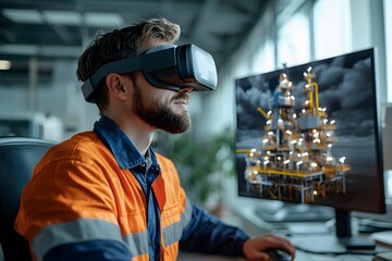 Worker in safety gear uses virtual reality to explore oil rig design