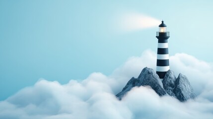 A traditional lighthouse with a black and white striped tower, nestled among weathered rocks. The lighthouse beam cuts through the swirling fog.