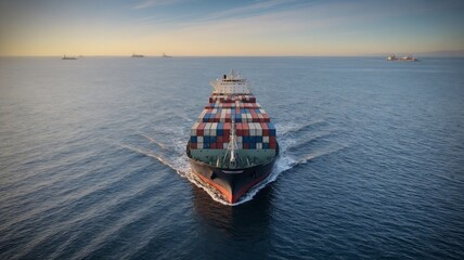 A container ship from the front view in the ocean, a transport ship in the sea.