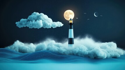 A lighthouse standing on a dark and stormy night, its beam piercing the heavy clouds. The moon shines dimly, and the waves crash against the shore.