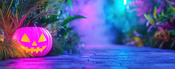 Fototapeta premium Colorful Halloween pumpkin among vibrant plants and misty background.