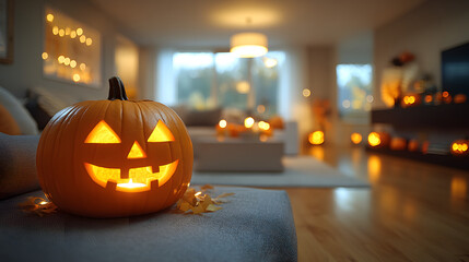 Fototapeta premium Glowing Jack-o'-Lantern Pumpkin in a Cozy, Dimly Lit Living Room: Halloween Decor and Autumn Ambiance Indoors