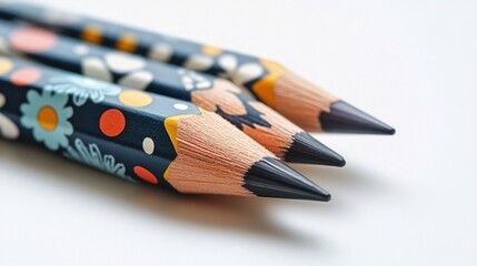 Obraz premium An artistic arrangement of three whimsical pencils with charming patterns, placed on a clean white background for visual interest