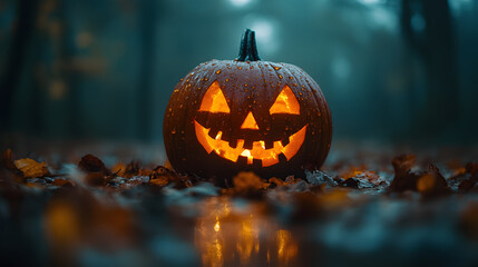 Glowing Jack-o'-Lantern in the Dark Woods: Spooky Halloween Pumpkin with a Grinning Face in the Autumn Night