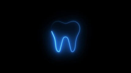 Neon tooth icon animation. Glowing neon tooth sign symbol. Oral health care, teeth diagnostics, check and treatment teeth, stomatology concept.