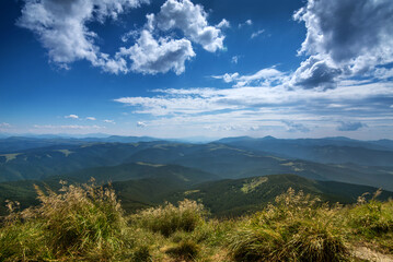 Chornohirsky ridge, beautiful silhouettes of mountains in the distance, alpine herbs and sky with dramatic clouds, Carpathians, Ukraine