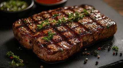 Grilled Steak with Perfect Grill Marks Served on a Slate Board with Spicy Sauces and Herb Garnish