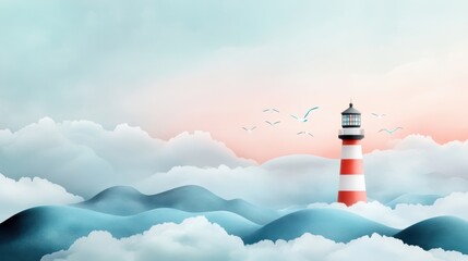 A watercolor illustration of a lighthouse, with soft colors and a delicate touch. The illustration captures the beauty and tranquility of the lighthouse and the surrounding landscape.