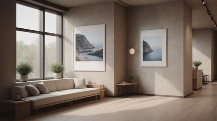 A sitting area interior design image with two photo frames on the wall 3d illustration.