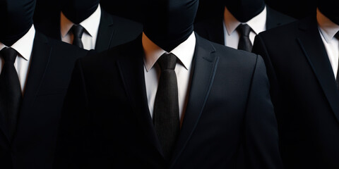 (30 words):.A striking image of faceless individuals dressed in sleek black suits and ties, exuding an aura of mystery and uniformity, set against a dark, minimalistic backdrop.