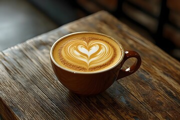 Beautiful latte art with a heart design in a warm café setting