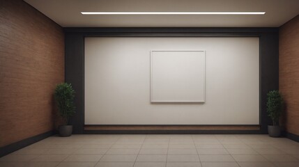 An empty white wall interior room with an empty photo frame on wall 3d illustration design.