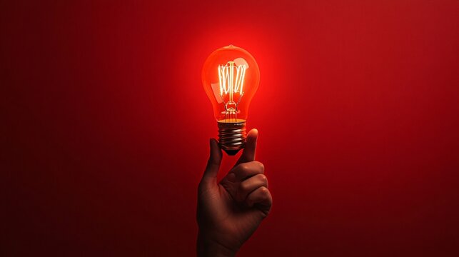 Hand holding a vintage light bulb on a red background