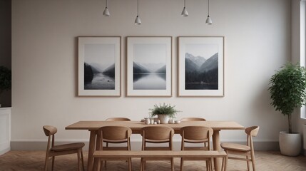 An empty white wall dining room interior design with multiple photo frames on the wall 3d illustration design.