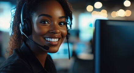 Close-up portrait of a smiling Black female customer service representative wearing a headset and working at a computer in an office.