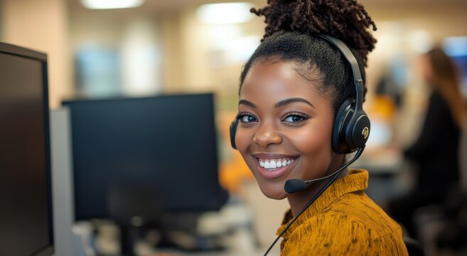 Close-up portrait of a smiling Black female customer service representative wearing a headset and working at a computer in an office.