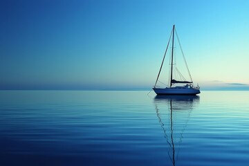 Fototapeta premium Arafed sailboat in calm blue water with a clear sky, tranquil sea surfaces, tranquil waters, perfectly tranquil waters, sailboats, serene and peaceful, tranquil and serene, sailboats, calm night, tran