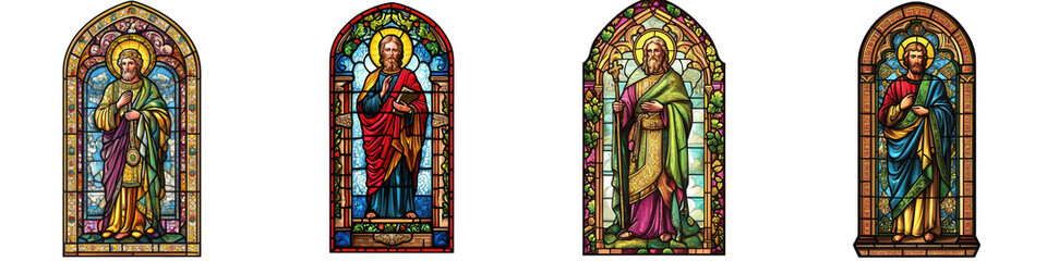 A collection of beautiful stained glass windows depicting four distinct saints in vibrant colors and intricate designs. on a white background as transparent PNG
