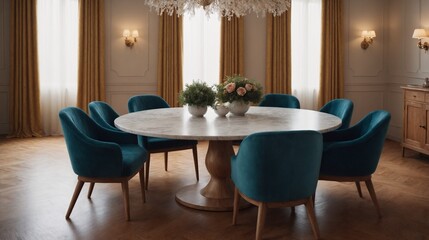 Modern dining room with designer chairs and chandelier on roof 3d illustration.