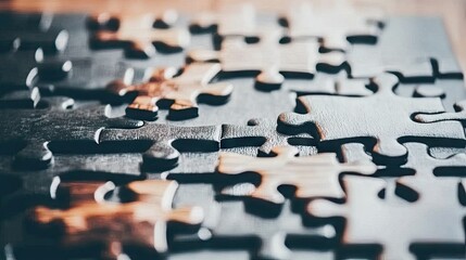 A spilled box of jigsaw puzzle pieces on a table, with an empty board waiting to be filled.