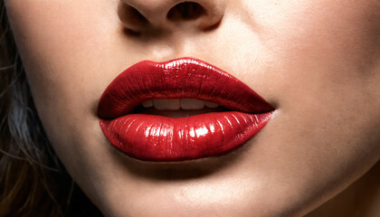 Obraz premium close up lips of woman wearing red lipstick